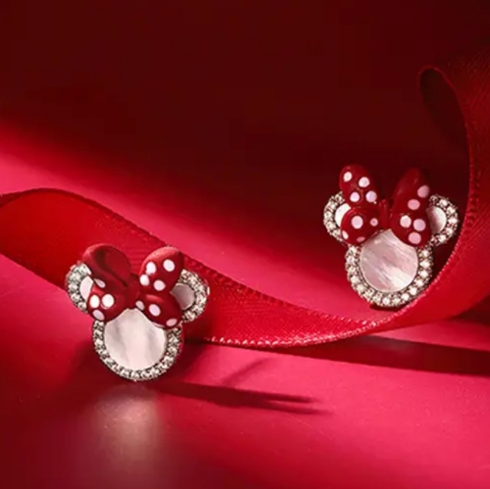 Mouse with bow post earrings Red White Silver Rhinestone NIP - Picture 2 of 4